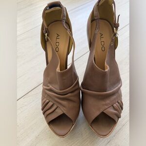 ALDO Brown Leather Peep-Toe Slingback Heels